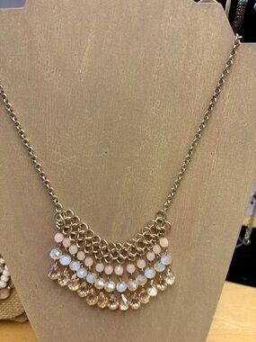 Boutique Gold Chain Bib Necklace with Pink and Champagne Beads